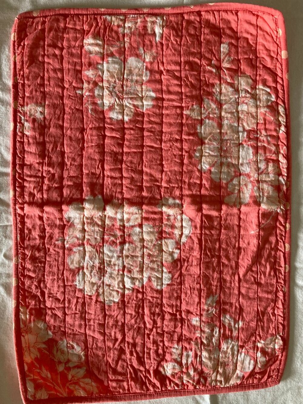 6 new April Cornell quilted floral placemats, coral pink, + 1 used, 7 total